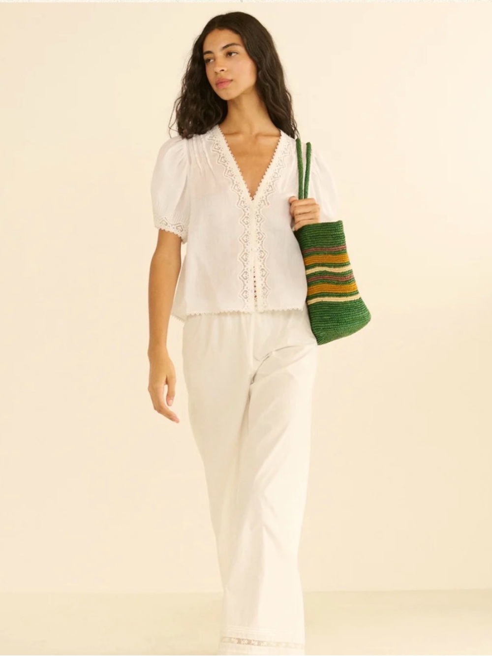 Doen White Eyelet Lace V-Neck Puff Sleeve Top - Picture 3 of 7